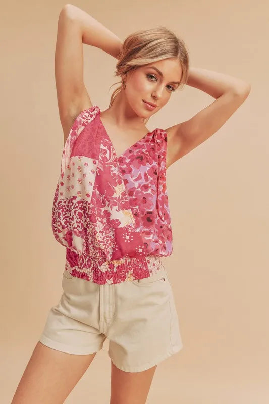 Aemi + Co Smocked Hem Printed Surplice Tank - Brittney MADE