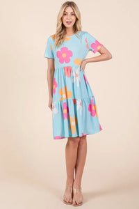 BOMBOM Floral Round Neck Short Sleeve Tiered Dress - Brittney MADE