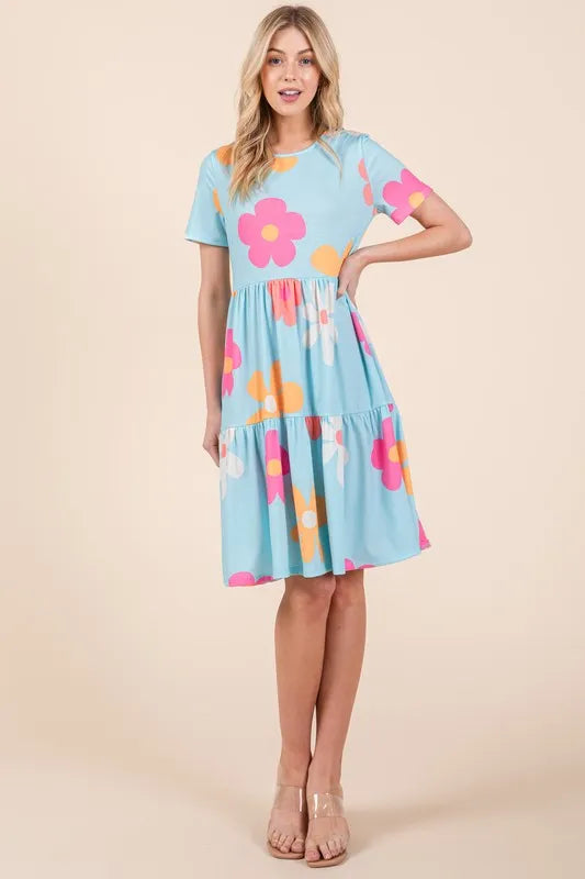 BOMBOM Floral Round Neck Short Sleeve Tiered Dress - Brittney MADE