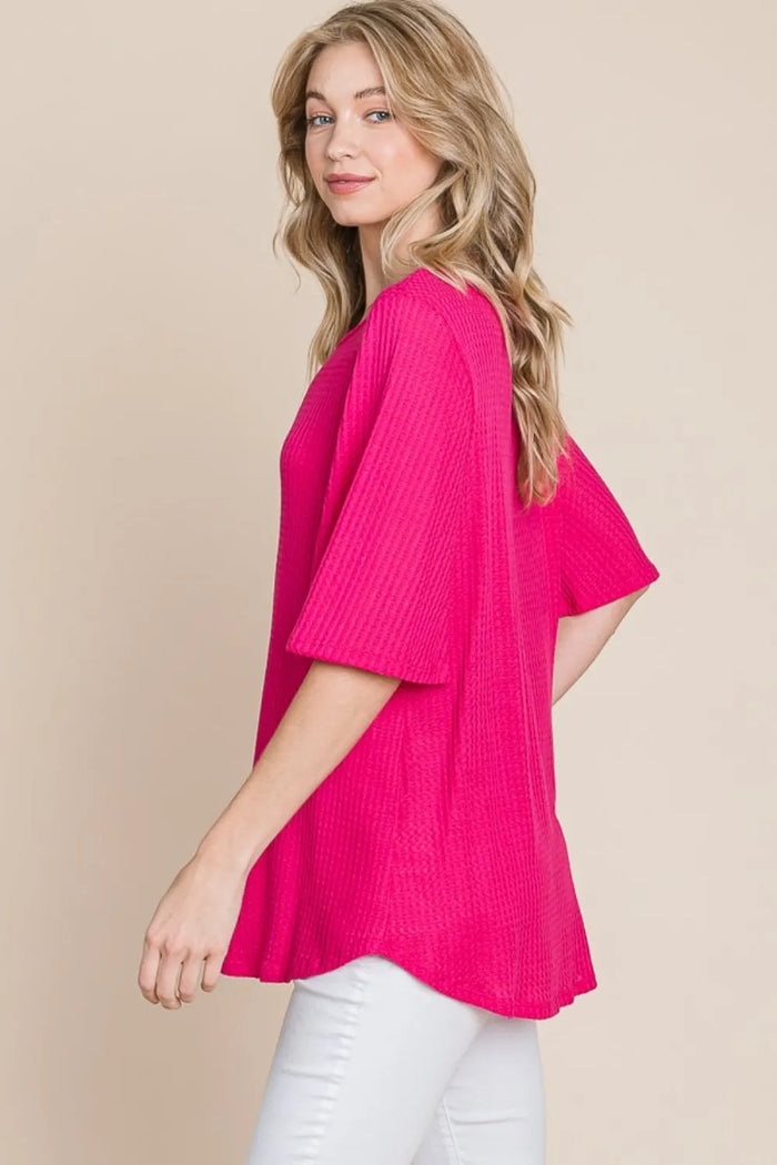 BOMBOM Round Neck Waffle Knit T-Shirt - Brittney MADE
