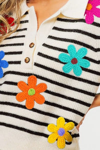 BiBi Flower Patch Striped Half Button Sweater Vest - Brittney MADE