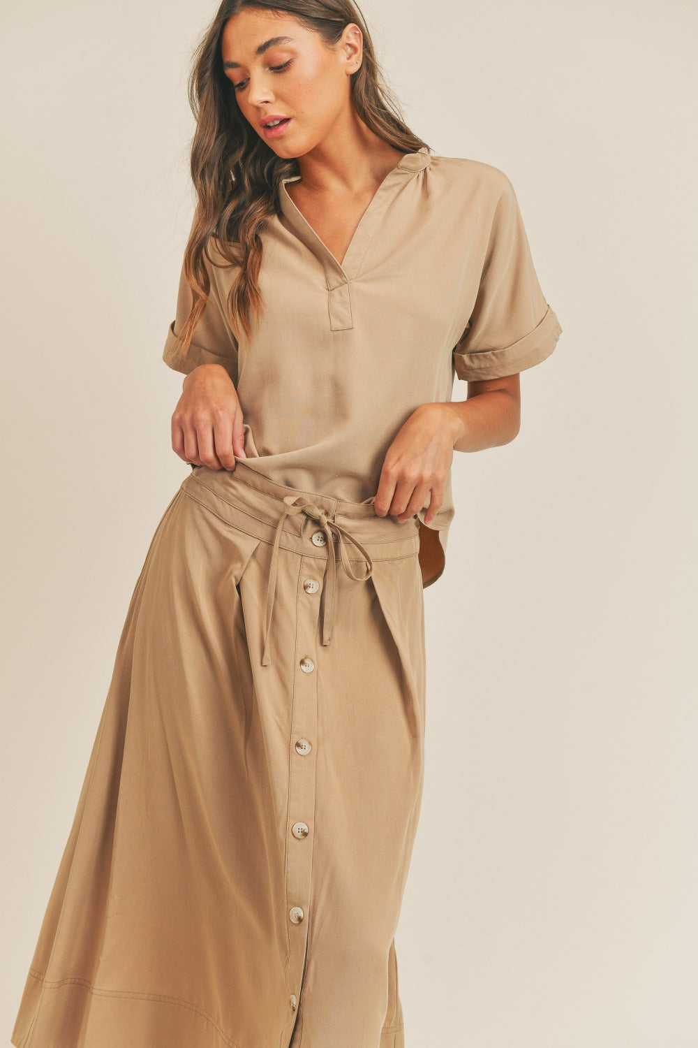 MABLE Short Sleeve Top and Button Down Midi Skirt Set - Brittney MADE