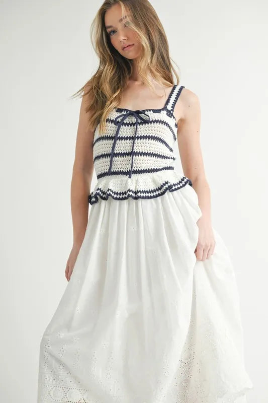 MABLE Crochet Stripe Knit Eyelet Mix Midi Dress - Brittney MADE