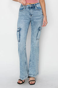 RISEN Full Size High Rise Cargo Flare Jeans - Brittney MADE