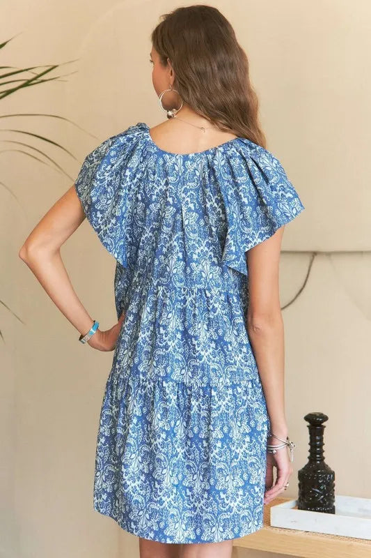 ADORA Printed V-Neck Ruffle Sleeve Mini Dress - Brittney MADE