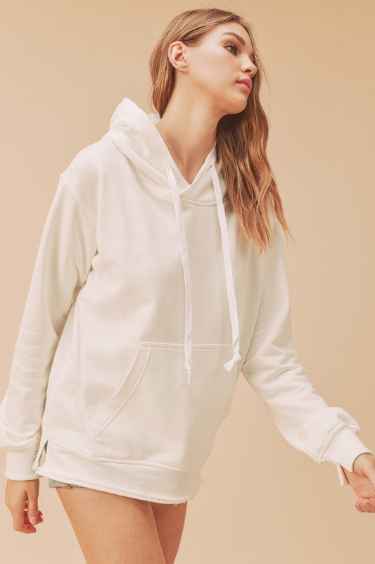 Aemi + Co Raw Hem Kangaroo Pocketed Drawstring Hoodie - Brittney MADE