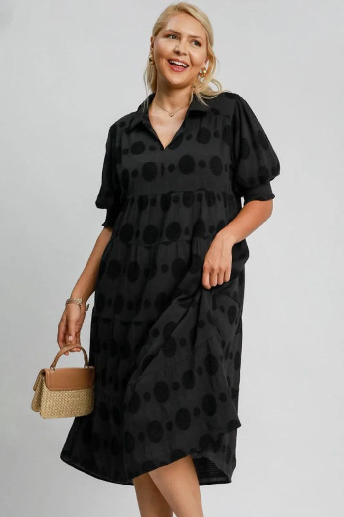Umgee Full Size Swiss Dot Jacquard Tiered Midi Dress Plus Size - Brittney MADE