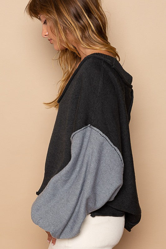 POL Exposed Seam Roll Edge Color Block V Neck Sweater - Brittney MADE
