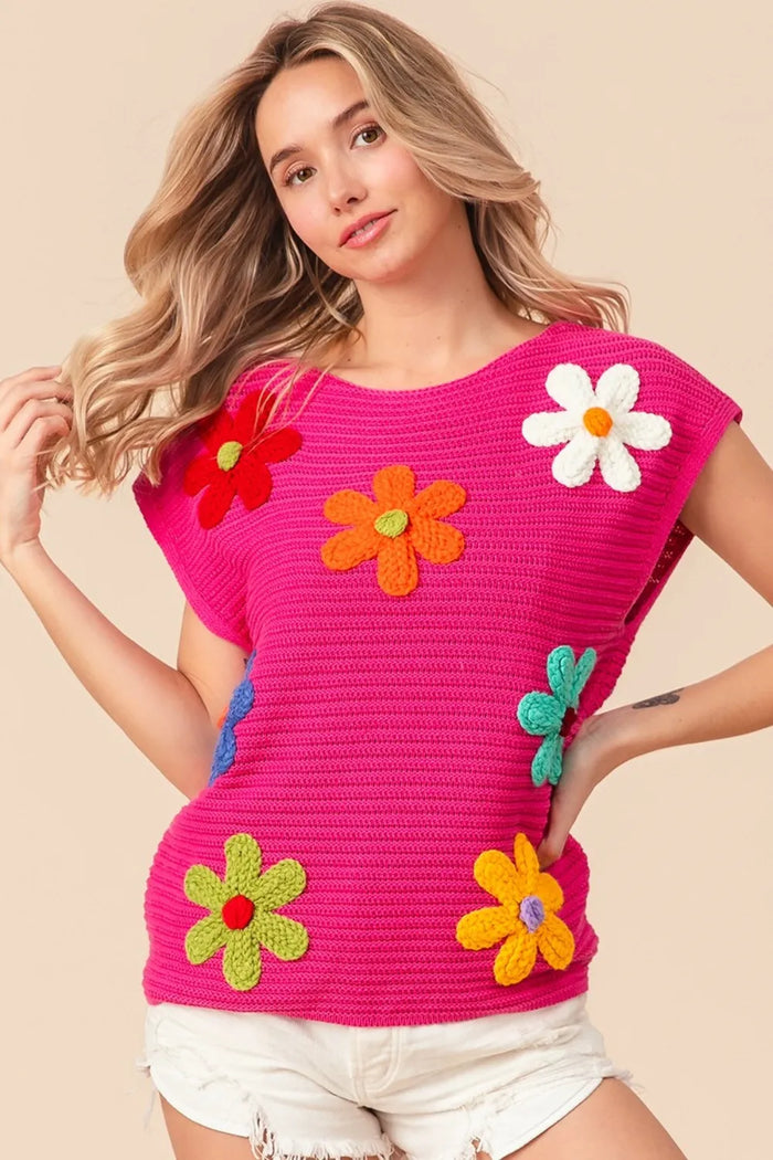 BiBi Flower Round Neck Cap Sleeve Knit Top - Brittney MADE