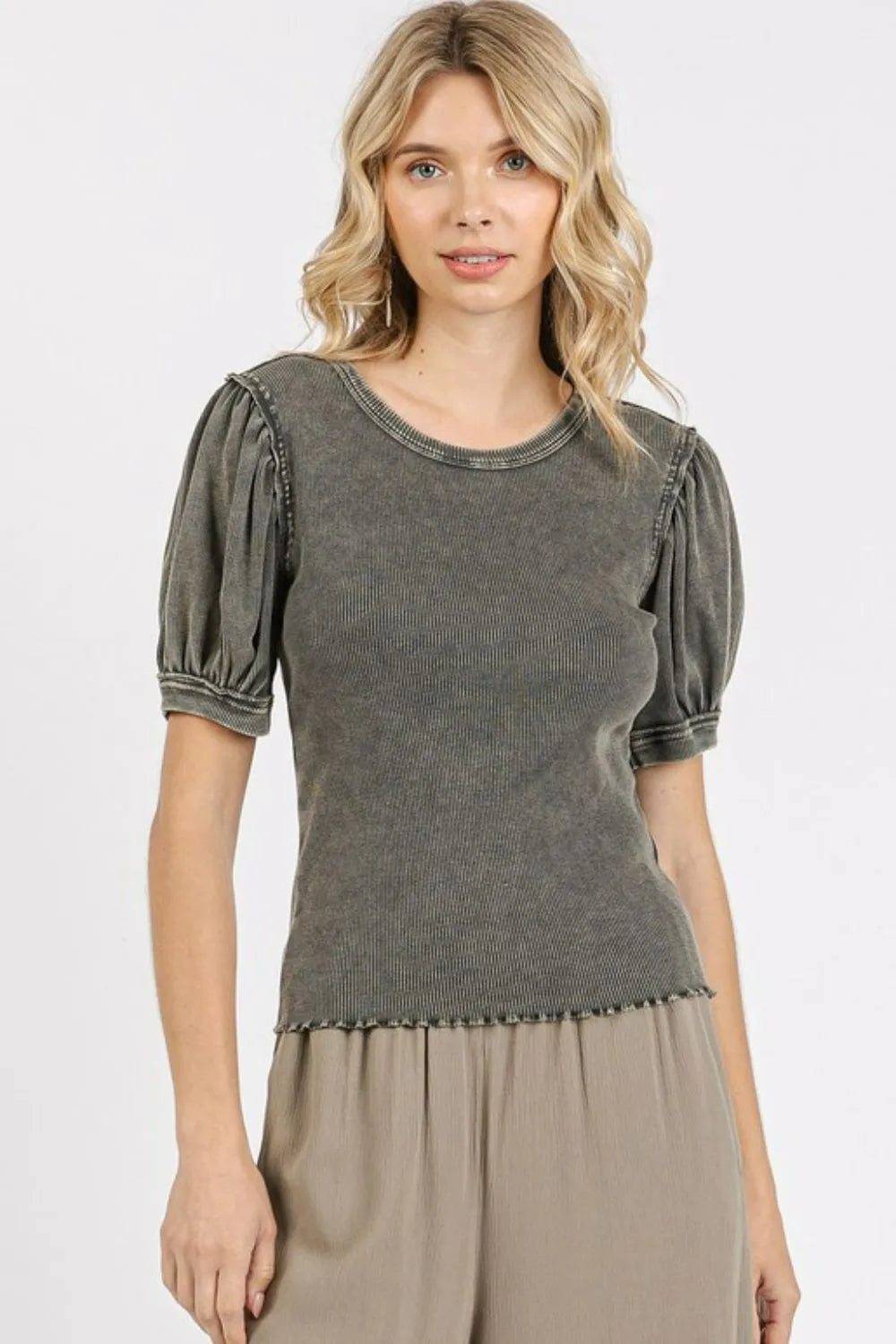 Mittoshop Mineral Wash Puff Sleeve Rib Knit Top - Brittney MADE
