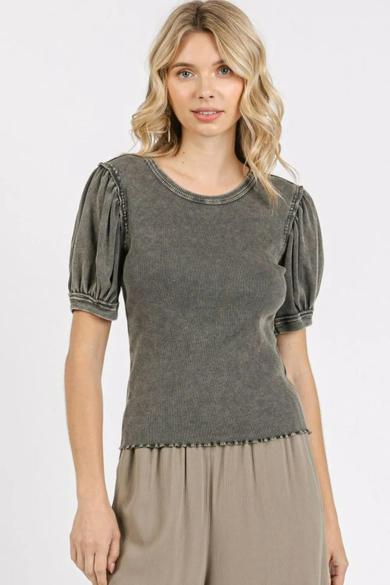 Mittoshop Mineral Wash Puff Sleeve Rib Knit Top - Brittney MADE