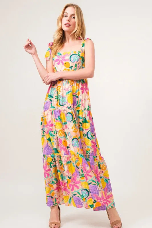 And The Why Shoulder Strap Tropical Fruit Printed Tiered Maxi Dress - Brittney MADE