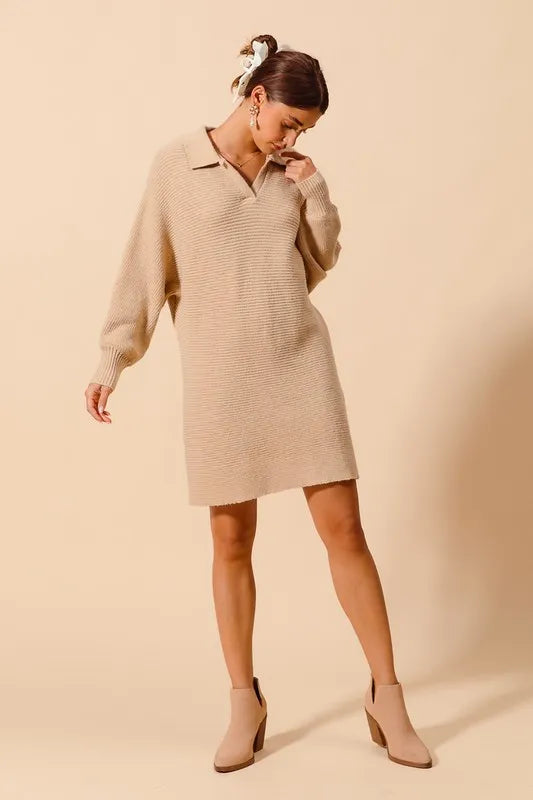 SO ME Ribbed Knit Collar Neck Dress - Brittney MADE