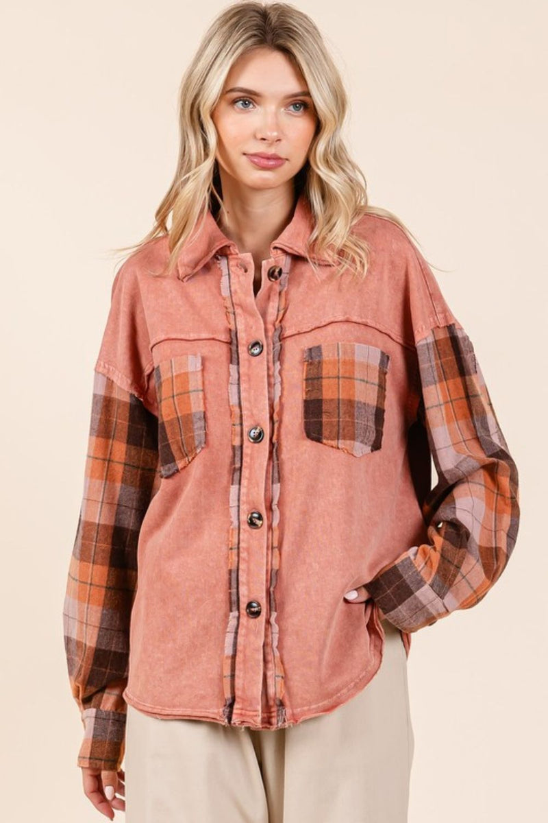 Mittoshop Button Down Contrast Plaid Patchwork Shacket - Brittney MADE