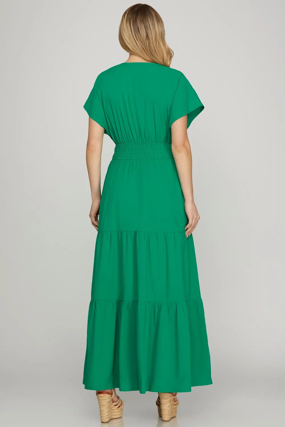 She + Sky Surplice Short Sleeve Tiered Maxi Dress With Pockets - Brittney MADE