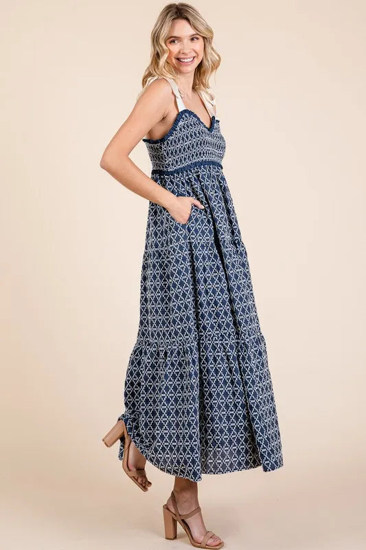 GeeGee Geometric Embroidered Smocked Tie Shoulder Midi Dress - Brittney MADE