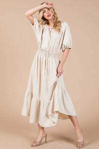 Ces Femme Smocked Elastic Waist Tie Neck Puff Sleeve Dress - Brittney MADE