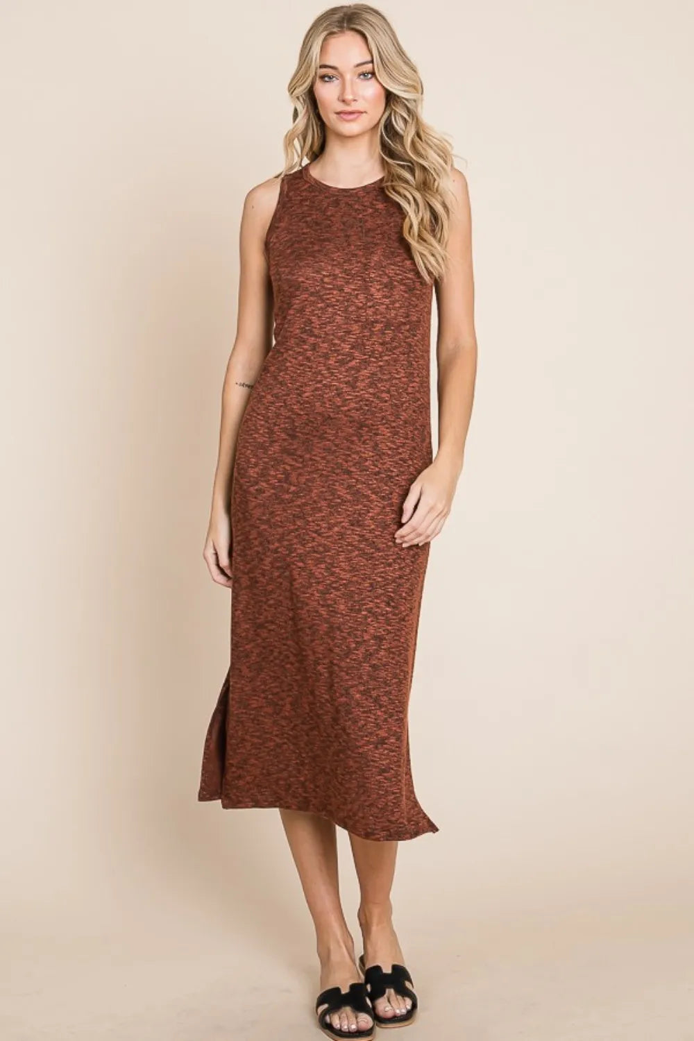BOMBOM Slit Round Neck Sleeveless Midi Dress - Brittney MADE