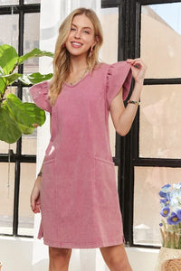 ADORA Mineral Washed V-Neck Ruffled Cap Sleeve Dress - Brittney MADE