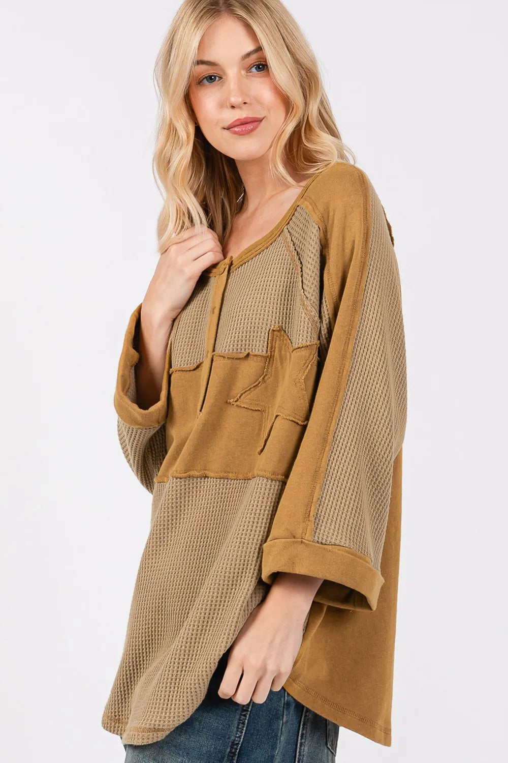 SAGE + FIG Star Applique Patch Exposed Seam Waffle Knit Top - Brittney MADE