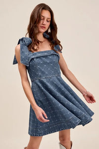 SO ME A Line Fit and Flare Diamond Bow Ribbon Denim Dres - Brittney MADE