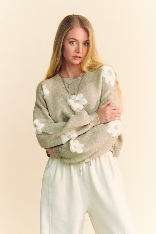 Davi & Dani Floral Drop Shoulder Cropped Sweater - Brittney MADE