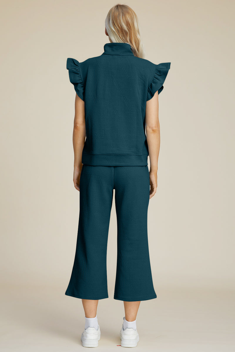 Double Take Full Size Texture Ruffle Short Sleeve Top and Wide Leg Pants Set - Brittney MADE
