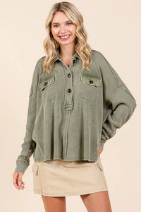 Mittoshop Mineral Wash Waffle Knit Collared Neck Henley Top - Brittney MADE
