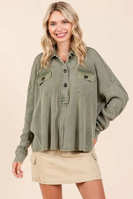 Mittoshop Mineral Wash Waffle Knit Collared Neck Henley Top - Brittney MADE