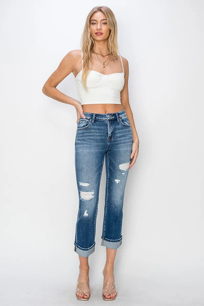 RISEN Full Size Cuffed Ankle Distressed Straight Jeans - Brittney MADE