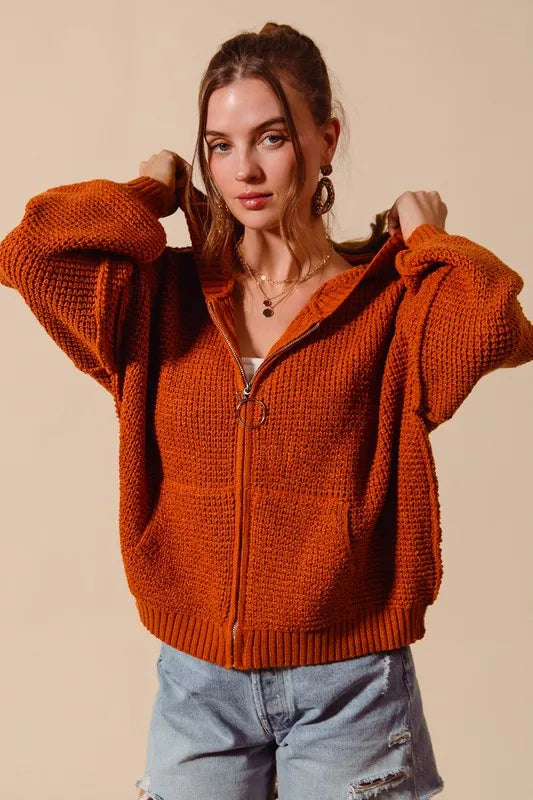 SO ME Front Zip Up Hooded Textured Cardigan - Brittney MADE