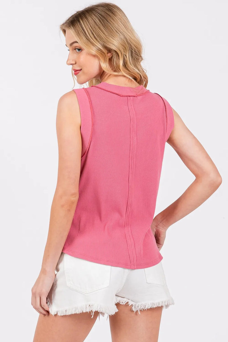 Ces Femme Stitch Detail Half Button Ribbed Tank - Brittney MADE