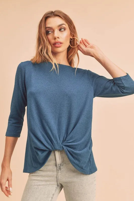 Aemi + Co Twist Front Round Neck 3/4 Sleeve T-Shirt - Brittney MADE