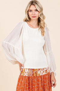 Mittoshop Mixed Media Textured Knit Chiffon Long Sleeve Top - Brittney MADE