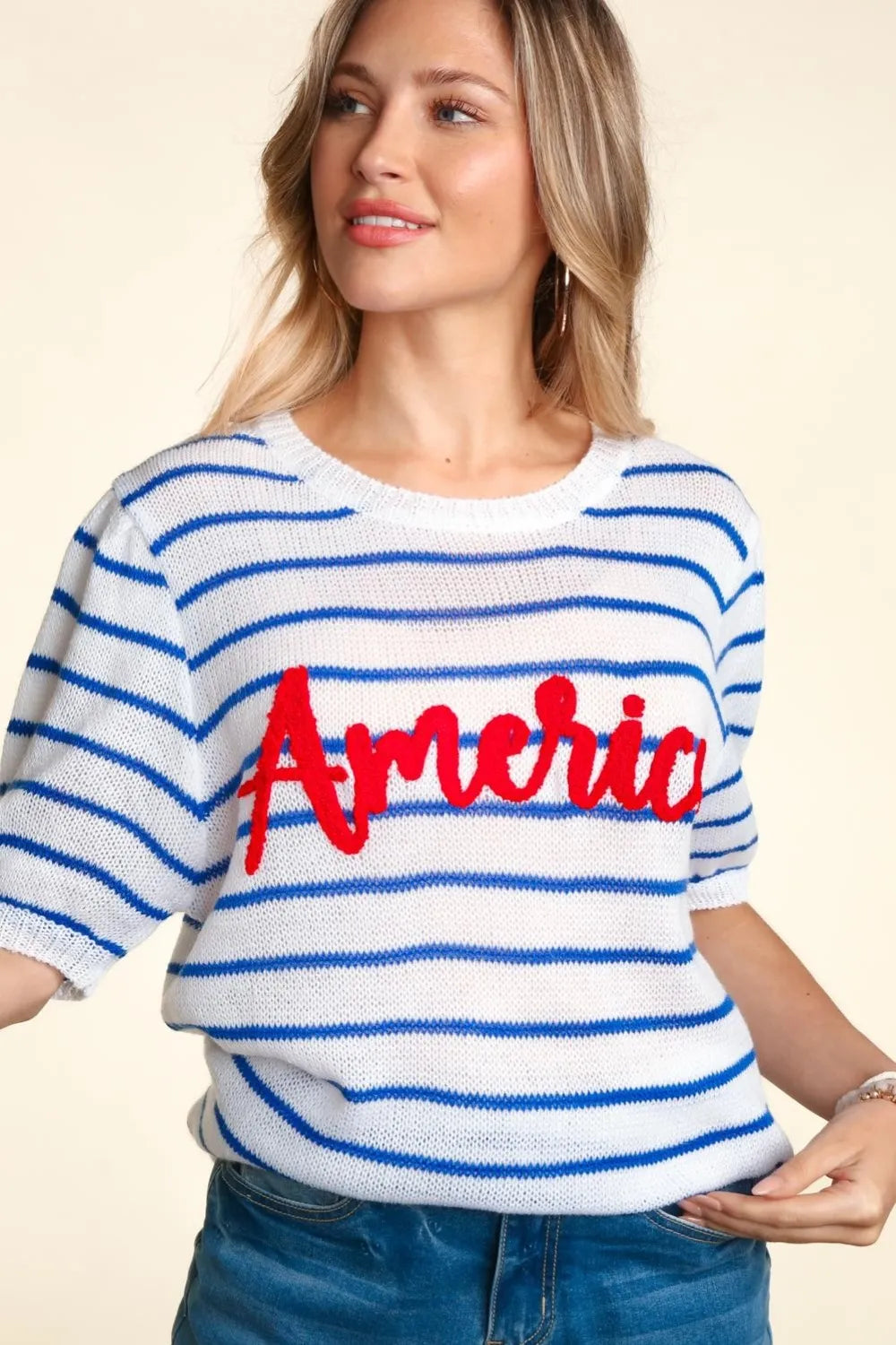 Haptics Letter Embroidery Striped Knit Top - Brittney MADE