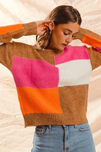SO ME Multi Color Block Checkered Sweater Top - Brittney MADE
