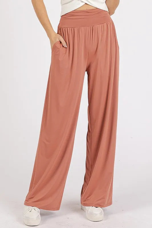 Mittoshop Stretch Banded Waist Wide Leg Pants with Pockets - Brittney MADE
