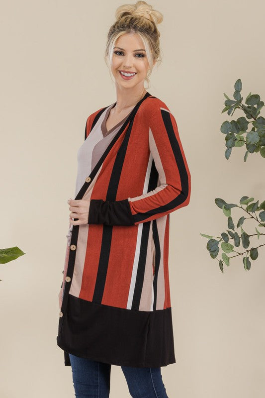 Celeste Full Size Striped Button Up Long Sleeve Cardigan Plus Size - Brittney MADE