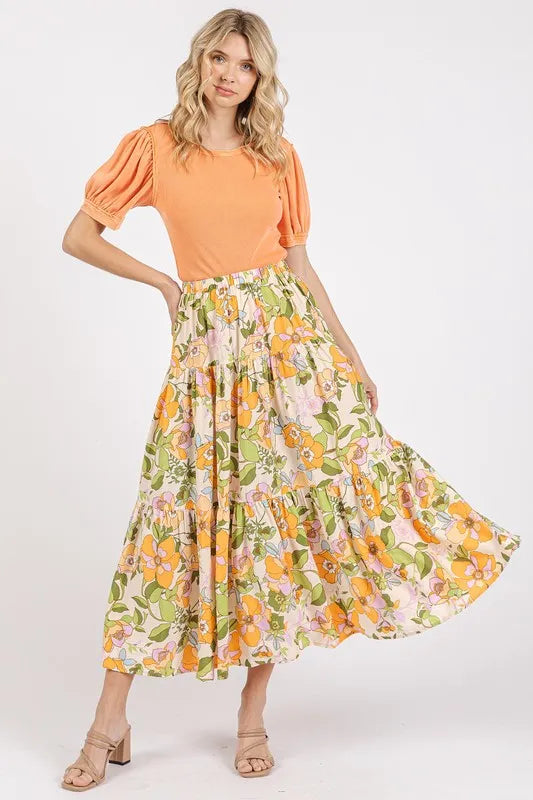 Mittoshop Flower Print Elastic Waist Tiered Skirt - Brittney MADE