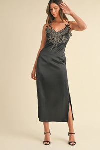 Mable Embroidered Cami Satin Midi Slit Dress - Brittney MADE