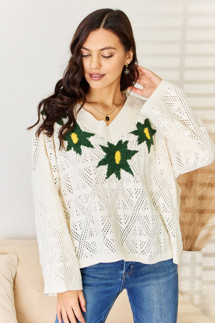 POL Floral Embroidered Pattern V-Neck Sweater - Brittney MADE