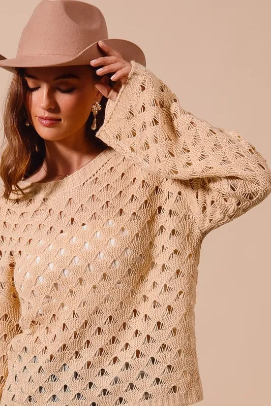 SO ME Geometric Pattern Open Knit Lightweight Sweater - Brittney MADE