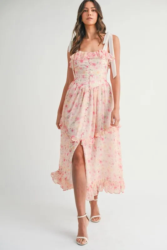 MABLE Floral Printed Shoulder Strap Midi Dress - Brittney MADE