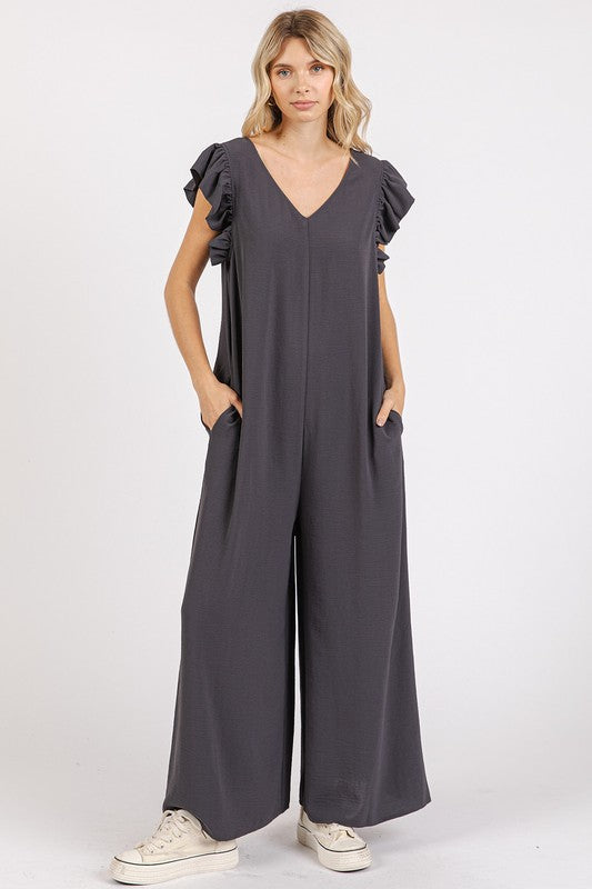Mittoshop V-Neck Ruffled Cap Sleeve Wide Leg Jumpsuit - Brittney MADE