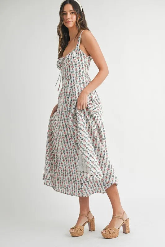 MABLE Floral Print Bustier Back Lace Up Midi Dress - Brittney MADE