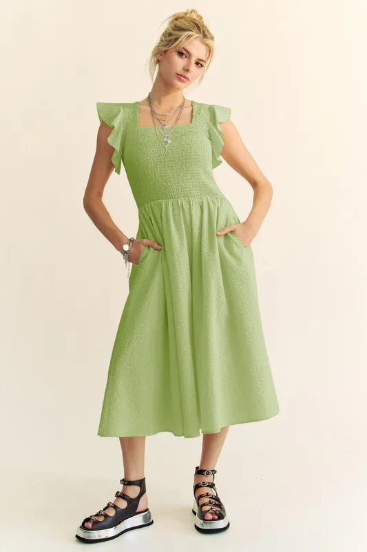 Davi & Dani Ruffled Cap Sleeve Smocked Midi Dress - Brittney MADE