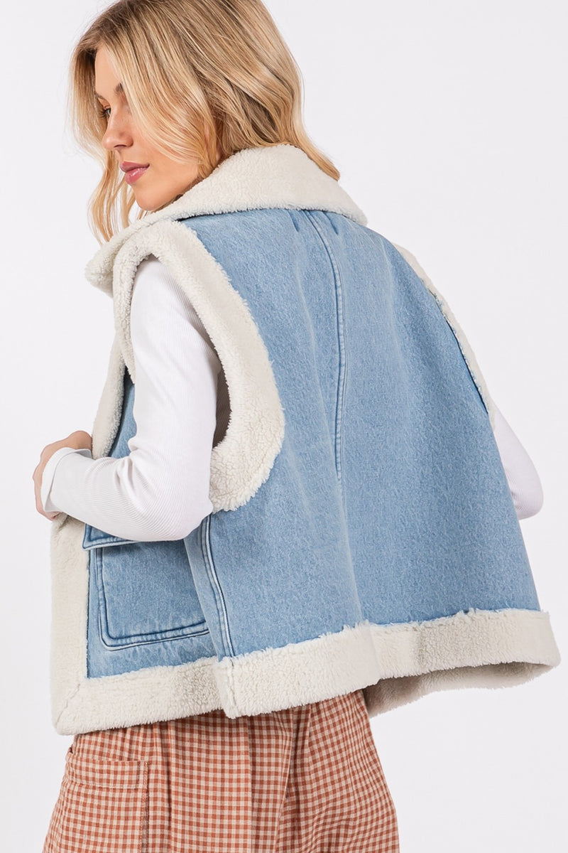 SAGE + FIG Pocketed Collared Neck Sherpa Vest - Brittney MADE