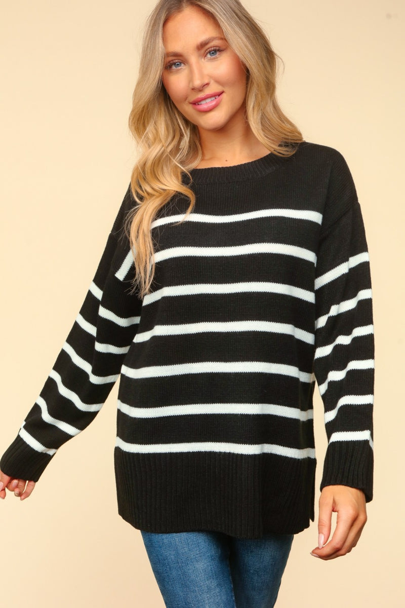 Haptics Full Size Striped Contrast Side Slit Sweater - Brittney MADE