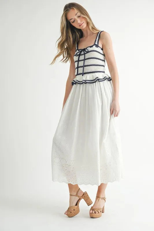 MABLE Crochet Stripe Knit Eyelet Mix Midi Dress - Brittney MADE