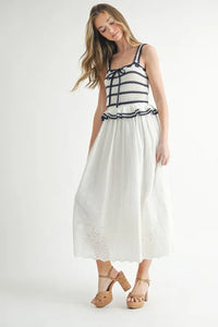 MABLE Crochet Stripe Knit Eyelet Mix Midi Dress - Brittney MADE